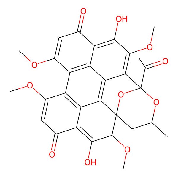 2D Structure of 21-Acetyl-3,18-dihydroxy-2,7,14,19-tetramethoxy-23-methyl-22,25-dioxaheptacyclo[19.3.1.01,10.04,9.08,13.011,20.012,17]pentacosa-3,6,8(13),9,11(20),12(17),14,18-octaene-5,16-dione