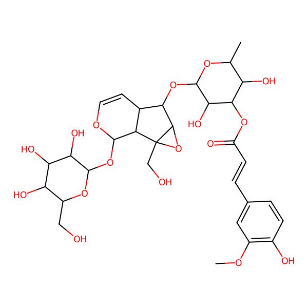 2D Structure of [(2S,3S,4R,5S,6S)-3,5-dihydroxy-2-[[(2S,4S,5S,10S)-2-(hydroxymethyl)-10-[(2S,3R,4S,5S,6R)-3,4,5-trihydroxy-6-(hydroxymethyl)oxan-2-yl]oxy-3,9-dioxatricyclo[4.4.0.02,4]dec-7-en-5-yl]oxy]-6-methyloxan-4-yl] (E)-3-(4-hydroxy-3-methoxyphenyl)prop-2-enoate