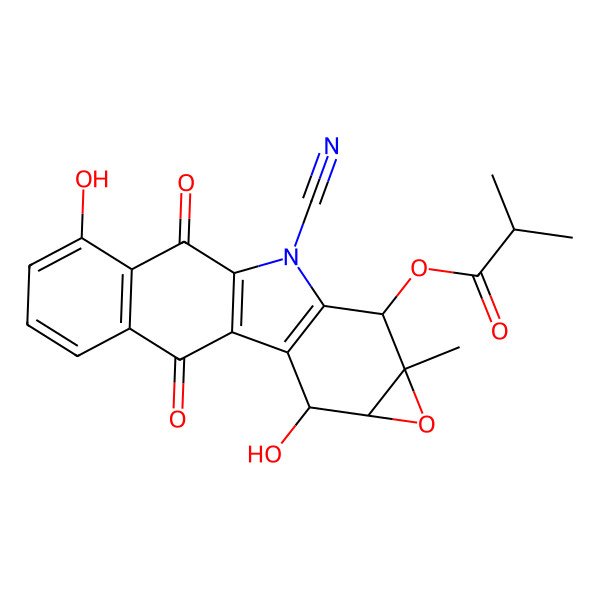 2D Structure of (9-Cyano-3,13-dihydroxy-6-methyl-11,18-dioxo-5-oxa-9-azapentacyclo[8.8.0.02,8.04,6.012,17]octadeca-1(10),2(8),12(17),13,15-pentaen-7-yl) 2-methylpropanoate