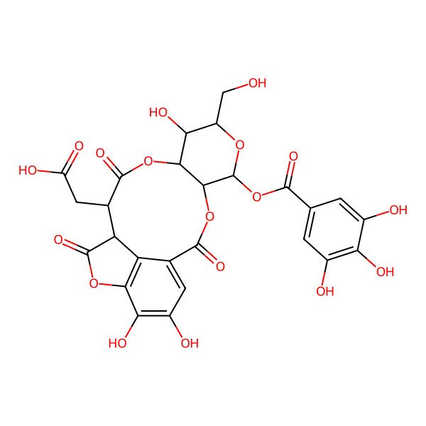 2D Structure of 2-[8,17,18-Trihydroxy-7-(hydroxymethyl)-2,11,14-trioxo-5-(3,4,5-trihydroxybenzoyl)oxy-3,6,10,15-tetraoxatetracyclo[11.6.1.04,9.016,20]icosa-1(19),16(20),17-trien-12-yl]acetic acid