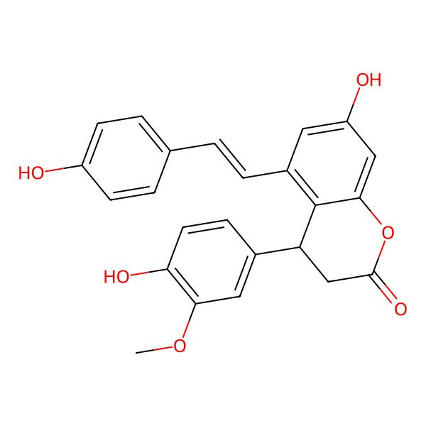 2D Structure of (4R)-7-hydroxy-4-(4-hydroxy-3-methoxyphenyl)-5-[(E)-2-(4-hydroxyphenyl)ethenyl]-3,4-dihydrochromen-2-one