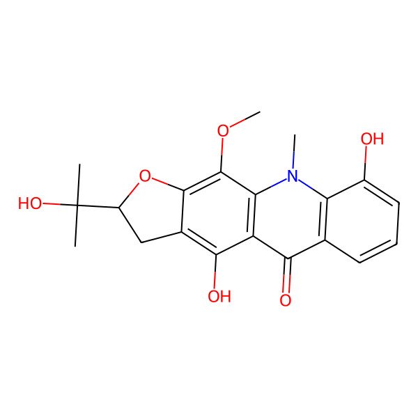 2D Structure of 2,3-Dihydro-4,9-dihydroxy-2-(2-hydroxy-propan-2-yl)-11-methoxy-10-methylfuro[3,2-b]acridin-5(10h)-one