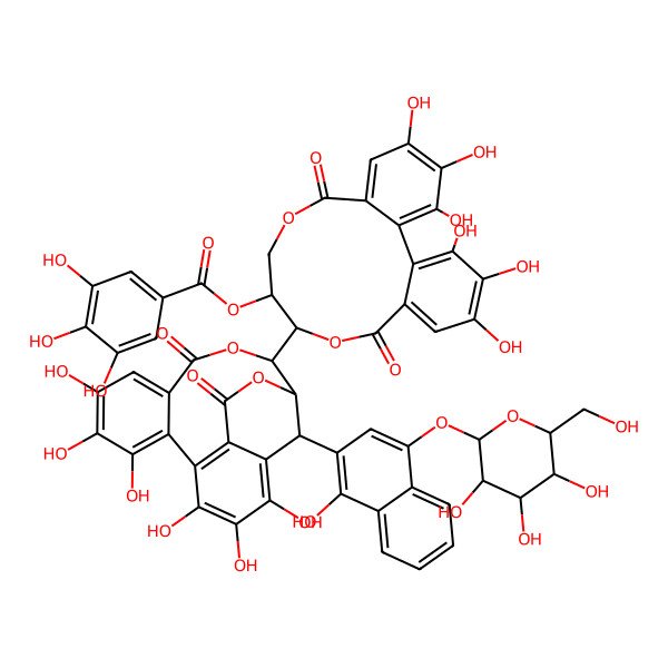 2D Structure of [(10R,11R)-10-[(14R,15R,19S)-2,3,4,7,8,9-hexahydroxy-19-[1-hydroxy-4-[(2S,3R,4S,5S,6R)-3,4,5-trihydroxy-6-(hydroxymethyl)oxan-2-yl]oxynaphthalen-2-yl]-12,17-dioxo-13,16-dioxatetracyclo[13.3.1.05,18.06,11]nonadeca-1,3,5(18),6,8,10-hexaen-14-yl]-3,4,5,17,18,19-hexahydroxy-8,14-dioxo-9,13-dioxatricyclo[13.4.0.02,7]nonadeca-1(19),2,4,6,15,17-hexaen-11-yl] 3,4,5-trihydroxybenzoate