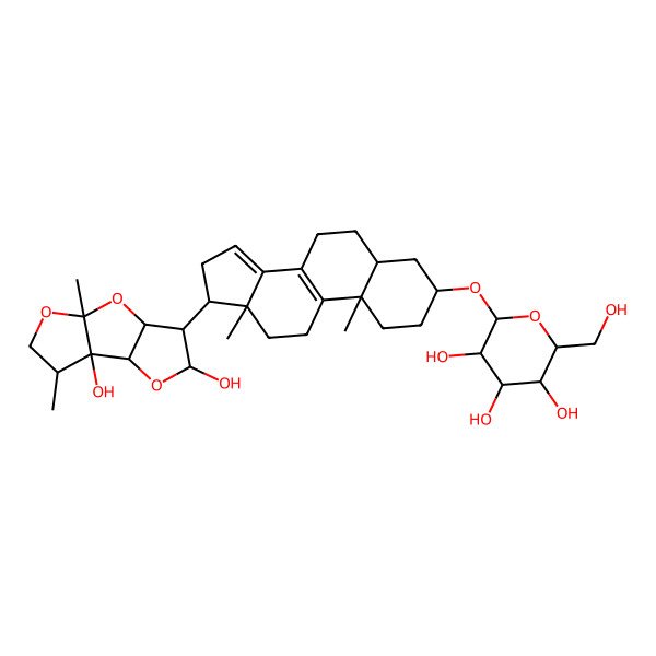 2D Structure of (2R,3R,4S,5S,6R)-2-[[(3S,5S,10S,13R,17R)-17-[(1R,2R,4R,5R,6S,8R,11S)-1,4-dihydroxy-8,11-dimethyl-3,7,9-trioxatricyclo[6.3.0.02,6]undecan-5-yl]-10,13-dimethyl-2,3,4,5,6,7,11,12,16,17-decahydro-1H-cyclopenta[a]phenanthren-3-yl]oxy]-6-(hydroxymethyl)oxane-3,4,5-triol