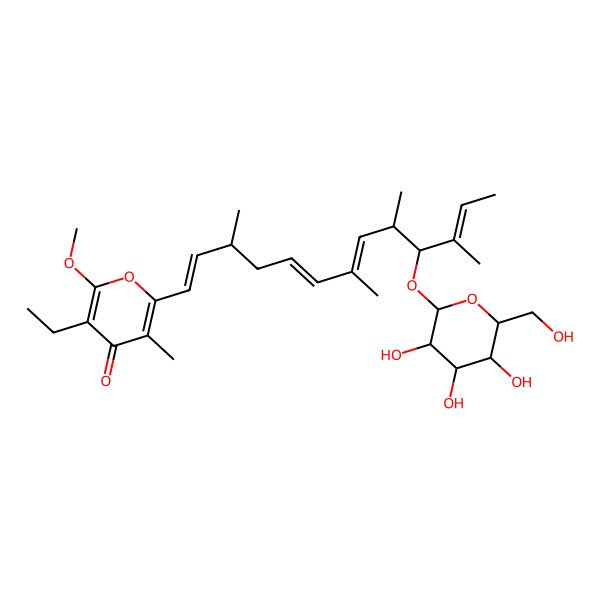 2D Structure of 3-ethyl-2-methoxy-5-methyl-6-[(1E,5E,7E,11E)-3,7,9,11-tetramethyl-10-[(2R,3R,4S,5S,6R)-3,4,5-trihydroxy-6-(hydroxymethyl)oxan-2-yl]oxytrideca-1,5,7,11-tetraenyl]pyran-4-one