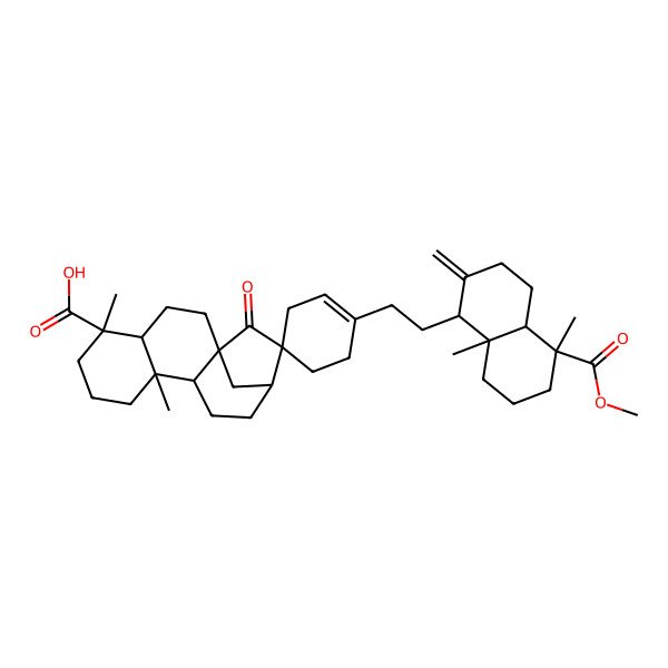 2D Structure of 1-[2-(5-methoxycarbonyl-5,8a-dimethyl-2-methylidene-3,4,4a,6,7,8-hexahydro-1H-naphthalen-1-yl)ethyl]-5',9'-dimethyl-15'-oxospiro[cyclohexene-4,14'-tetracyclo[11.2.1.01,10.04,9]hexadecane]-5'-carboxylic acid