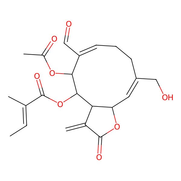 2D Structure of [5-Acetyloxy-6-formyl-10-(hydroxymethyl)-3-methylidene-2-oxo-3a,4,5,8,9,11a-hexahydrocyclodeca[b]furan-4-yl] 2-methylbut-2-enoate
