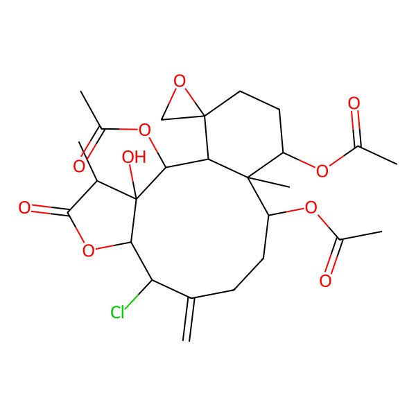 2D Structure of (2,14-Diacetyloxy-8-chloro-3-hydroxy-4,13-dimethyl-9-methylidene-5-oxospiro[6-oxatricyclo[11.4.0.03,7]heptadecane-17,2'-oxirane]-12-yl) acetate