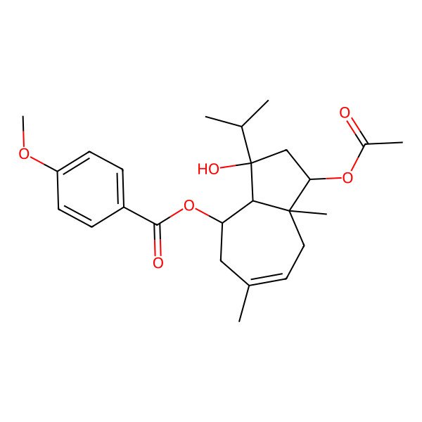 2D Structure of (1-Acetyloxy-3-hydroxy-6,8a-dimethyl-3-propan-2-yl-1,2,3a,4,5,8-hexahydroazulen-4-yl) 4-methoxybenzoate 2D Structure of (1-Acetyloxy-3-hydroxy-6,8a-dimethyl-3-propan-2-yl-1,2,3a,4,5,8-hexahydroazulen-4-yl) 4-methoxybenzoate