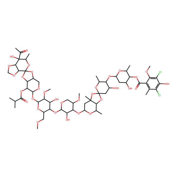 2D Structure of [6-[6-[2-[6-[7'-acetyl-7'-hydroxy-6'-methyl-7-(2-methylpropanoyloxy)spiro[4,6,7,7a-tetrahydro-3aH-[1,3]dioxolo[4,5-c]pyran-2,4'-6,7a-dihydro-3aH-[1,3]dioxolo[4,5-c]pyran]-6-yl]oxy-4-hydroxy-5-methoxy-2-(methoxymethyl)oxan-3-yl]oxy-3-hydroxy-5-methoxyoxan-4-yl]oxy-4'-hydroxy-2',4,7a-trimethylspiro[3a,4,6,7-tetrahydro-[1,3]dioxolo[4,5-c]pyran-2,6'-oxane]-3'-yl]oxy-4-hydroxy-2-methyloxan-3-yl] 3,5-dichloro-4-hydroxy-2-methoxy-6-methylbenzoate