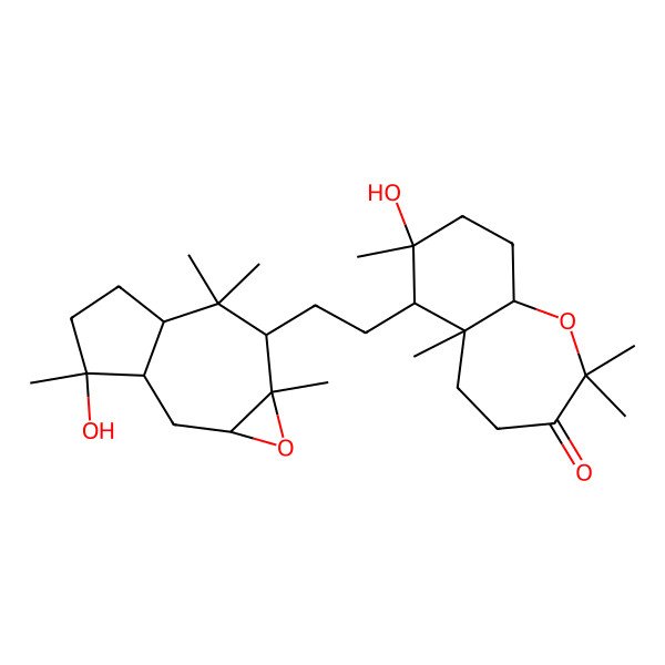 2D Structure of (5aR,6R,7S,9aR)-6-[2-[(1aS,2aR,3R,5aR,7R,7aR)-3-hydroxy-3,6,6,7a-tetramethyl-2,2a,4,5,5a,7-hexahydro-1aH-azuleno[6,7-b]oxiren-7-yl]ethyl]-7-hydroxy-2,2,5a,7-tetramethyl-4,5,6,8,9,9a-hexahydrobenzo[b]oxepin-3-one
