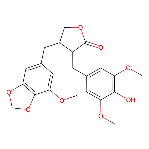 2D Structure of (3S,4S)-3-[(4-hydroxy-3,5-dimethoxyphenyl)methyl]-4-[(7-methoxy-1,3-benzodioxol-5-yl)methyl]oxolan-2-one