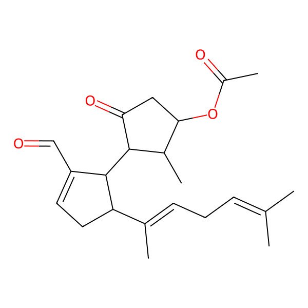 2D Structure of [(1R,2S,3R)-3-[(1S,5R)-2-formyl-5-[(2Z)-6-methylhepta-2,5-dien-2-yl]cyclopent-2-en-1-yl]-2-methyl-4-oxocyclopentyl] acetate