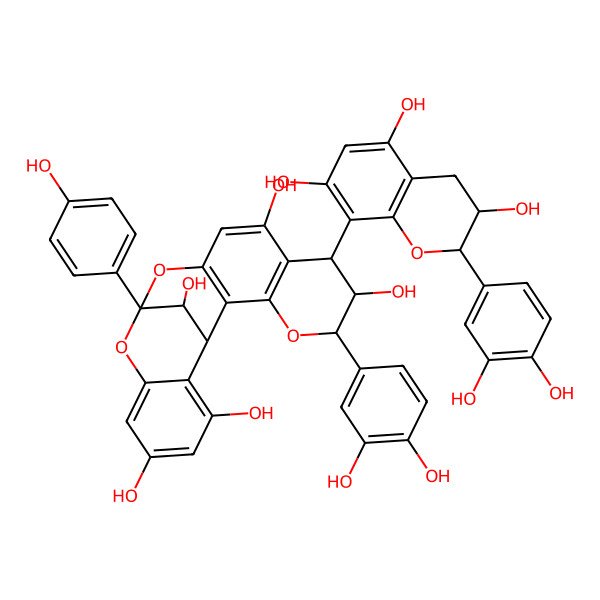 2D Structure of 5-(3,4-dihydroxyphenyl)-7-[2-(3,4-dihydroxyphenyl)-3,5,7-trihydroxy-3,4-dihydro-2H-chromen-8-yl]-13-(4-hydroxyphenyl)-4,12,14-trioxapentacyclo[11.7.1.02,11.03,8.015,20]henicosa-2(11),3(8),9,15,17,19-hexaene-6,9,17,19,21-pentol