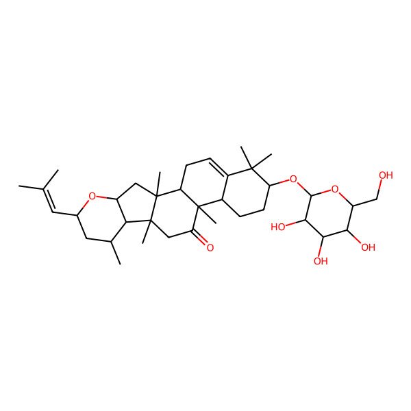 2D Structure of 2,8,10,13,18,18-Hexamethyl-6-(2-methylprop-1-enyl)-17-[3,4,5-trihydroxy-6-(hydroxymethyl)oxan-2-yl]oxy-5-oxapentacyclo[11.8.0.02,10.04,9.014,19]henicos-19-en-12-one
