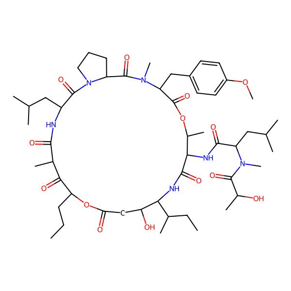 2D Structure of N-[13-butan-2-yl-12-hydroxy-20-[(4-methoxyphenyl)methyl]-6,17,21-trimethyl-3-(2-methylpropyl)-2,5,7,10,15,19,22-heptaoxo-8-propyl-9,18-dioxa-1,4,14,21-tetrazabicyclo[21.3.0]hexacos-16-yl]-2-(2-hydroxypropanoyl-methyl-amino)-4-methyl-pentanamide