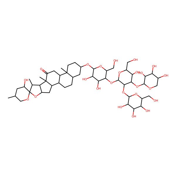 2D Structure of (3'S,5'R,7S,9S,13S,16S)-16-[(2R,3S,5R)-3,4-dihydroxy-5-[(2S,3S,5R)-5-hydroxy-6-(hydroxymethyl)-3-[(2S,3S,5S)-3,4,5-trihydroxy-6-(hydroxymethyl)oxan-2-yl]oxy-4-[(2S,3S,5R)-3,4,5-trihydroxyoxan-2-yl]oxyoxan-2-yl]oxy-6-(hydroxymethyl)oxan-2-yl]oxy-3'-hydroxy-5',7,9,13-tetramethylspiro[5-oxapentacyclo[10.8.0.02,9.04,8.013,18]icosane-6,2'-oxane]-10-one
