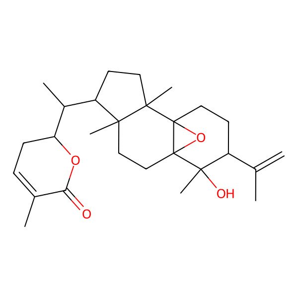 2D Structure of (2S)-2-[(1S)-1-[(1S,2R,5R,6R,9S,10S,11S)-10-hydroxy-2,6,10-trimethyl-11-prop-1-en-2-yl-14-oxatetracyclo[7.4.1.01,9.02,6]tetradecan-5-yl]ethyl]-5-methyl-2,3-dihydropyran-6-one