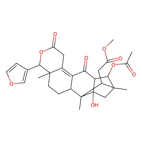 2D Structure of Methyl 2-[14-acetyloxy-6-(furan-3-yl)-17-hydroxy-1,5,15-trimethyl-8,12-dioxo-7-oxapentacyclo[13.2.1.02,11.05,10.013,17]octadec-10-en-18-yl]acetate
