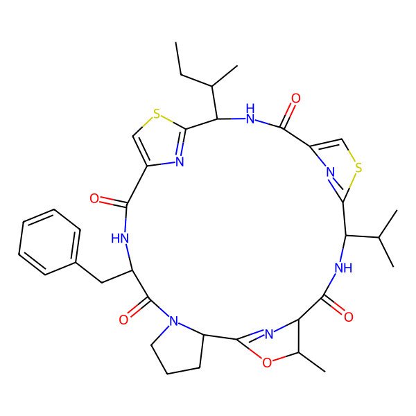 2D Structure of 8-Benzyl-15-butan-2-yl-26-methyl-22-propan-2-yl-27-oxa-13,20-dithia-6,9,16,23,28,29,30-heptazapentacyclo[23.2.1.111,14.118,21.02,6]triaconta-1(28),11,14(30),18,21(29)-pentaene-7,10,17,24-tetrone