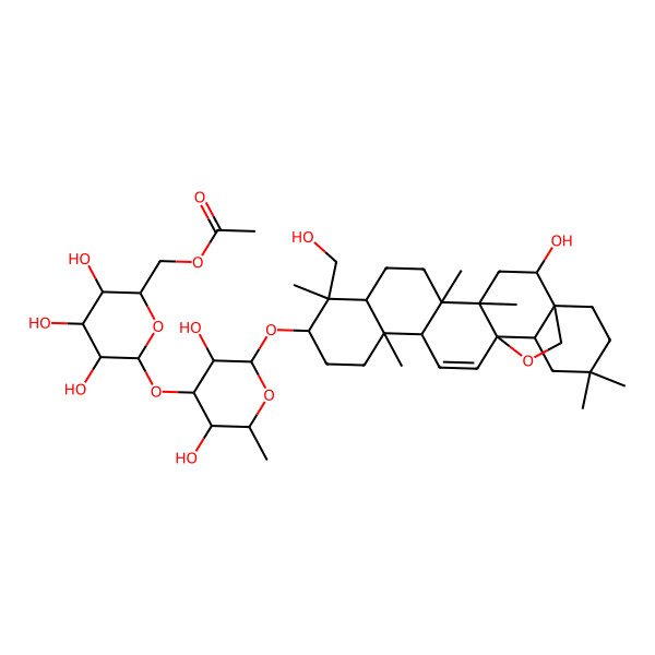 2D Structure of [(2R,3S,4R,5R,6S)-6-[(2R,3R,4R,5S,6R)-3,5-dihydroxy-2-[[(1S,2S,4S,5R,8R,9R,10S,13S,14R,17S,18S)-2-hydroxy-9-(hydroxymethyl)-4,5,9,13,20,20-hexamethyl-24-oxahexacyclo[15.5.2.01,18.04,17.05,14.08,13]tetracos-15-en-10-yl]oxy]-6-methyloxan-4-yl]oxy-3,4,5-trihydroxyoxan-2-yl]methyl acetate