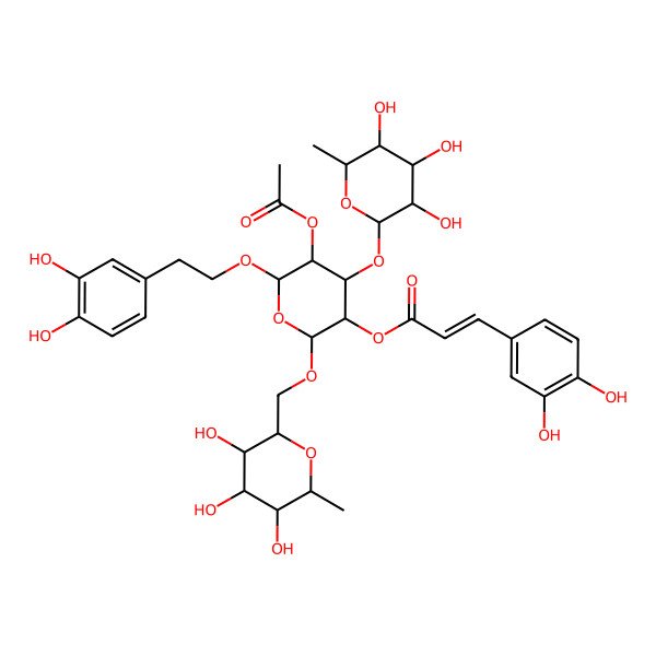 2D Structure of [(2S,3S,4S,5R,6S)-5-acetyloxy-6-[2-(3,4-dihydroxyphenyl)ethoxy]-2-[[(2S,3R,4S,5S,6R)-3,4,5-trihydroxy-6-methyloxan-2-yl]methoxy]-4-[(2S,3R,4R,5S,6R)-3,4,5-trihydroxy-6-methyloxan-2-yl]oxyoxan-3-yl] (E)-3-(3,4-dihydroxyphenyl)prop-2-enoate