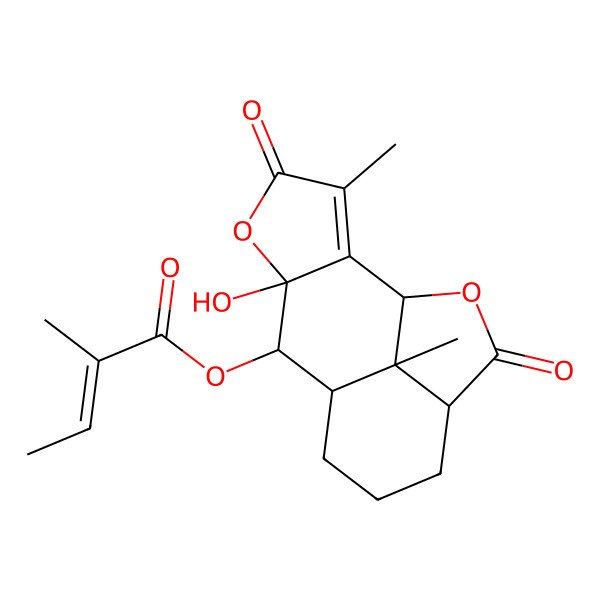 2D Structure of (6-Hydroxy-3,15-dimethyl-4,13-dioxo-5,14-dioxatetracyclo[6.6.1.02,6.012,15]pentadec-2-en-7-yl) 2-methylbut-2-enoate