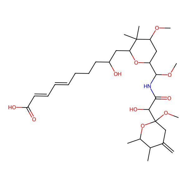 2D Structure of (2E,4E)-9-hydroxy-10-[(2R,4R,6S)-6-[(S)-[[(2R)-2-hydroxy-2-[(2R,5R,6R)-2-methoxy-5,6-dimethyl-4-methylideneoxan-2-yl]acetyl]amino]-methoxymethyl]-4-methoxy-3,3-dimethyloxan-2-yl]deca-2,4-dienoic acid