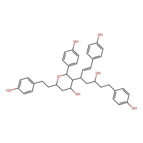 2D Structure of (2S,3S,4S,6S)-3-[(E,3R,5S)-5-hydroxy-1,7-bis(4-hydroxyphenyl)hept-1-en-3-yl]-2-(4-hydroxyphenyl)-6-[2-(4-hydroxyphenyl)ethyl]oxan-4-ol