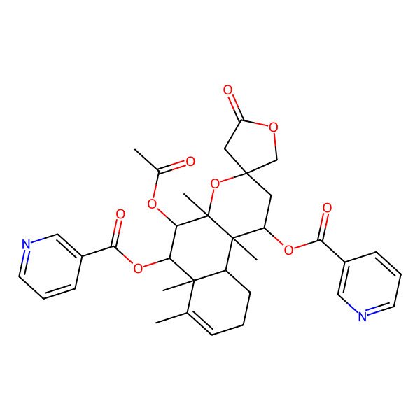 2D Structure of [5-acetyloxy-4a,6a,7,10b-tetramethyl-2'-oxo-6-(pyridine-3-carbonyloxy)spiro[2,5,6,9,10,10a-hexahydro-1H-benzo[f]chromene-3,4'-oxolane]-1-yl] pyridine-3-carboxylate