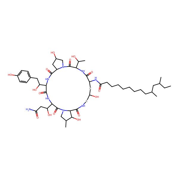 2D Structure of N-[(3S,6S,9S,11R,15S,18S,20R,24S,25S,26S)-3-[(1R)-3-amino-1-hydroxy-3-oxopropyl]-11,20,25-trihydroxy-15-[(1R)-1-hydroxyethyl]-6-[(1R)-1-hydroxy-2-(4-hydroxyphenyl)ethyl]-26-methyl-2,5,8,14,17,23-hexaoxo-1,4,7,13,16,22-hexazatricyclo[22.3.0.09,13]heptacosan-18-yl]-10,12-dimethyltetradecanamide