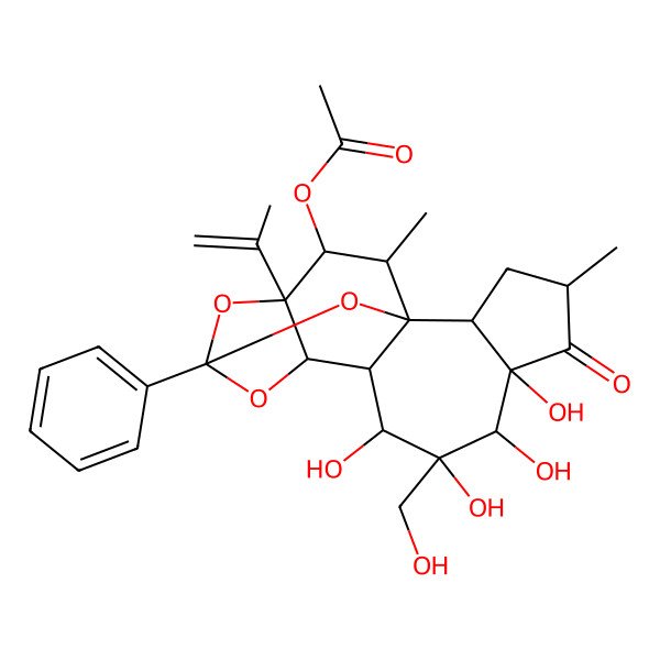 2D Structure of [6,7,8,9-Tetrahydroxy-8-(hydroxymethyl)-4,17-dimethyl-5-oxo-13-phenyl-15-prop-1-en-2-yl-12,14,18-trioxapentacyclo[11.4.1.01,10.02,6.011,15]octadecan-16-yl] acetate