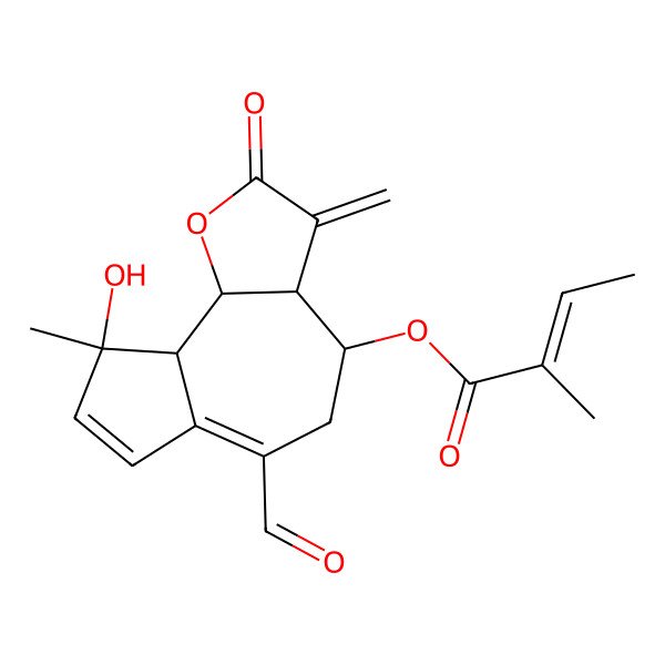 2D Structure of [(3aR,4R,9R,9bS)-6-formyl-9-hydroxy-9-methyl-3-methylidene-2-oxo-4,5,9a,9b-tetrahydro-3aH-azuleno[4,5-b]furan-4-yl] (Z)-2-methylbut-2-enoate