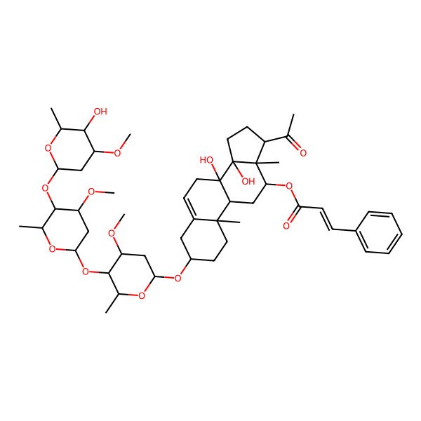 2D Structure of [(3S,8S,9R,10R,12R,13S,14R,17R)-17-acetyl-8,14-dihydroxy-3-[(2R,4S,5R,6R)-5-[(2S,4R,5R,6R)-5-[(2S,4R,5R,6R)-5-hydroxy-4-methoxy-6-methyloxan-2-yl]oxy-4-methoxy-6-methyloxan-2-yl]oxy-4-methoxy-6-methyloxan-2-yl]oxy-10,13-dimethyl-2,3,4,7,9,11,12,15,16,17-decahydro-1H-cyclopenta[a]phenanthren-12-yl] (E)-3-phenylprop-2-enoate