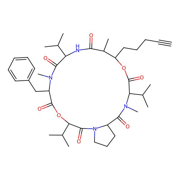 2D Structure of (3S,6S,9S,12S,13S,16S,19S)-6-benzyl-7,12,17-trimethyl-13-pent-4-ynyl-3,9,16-tri(propan-2-yl)-4,14-dioxa-1,7,10,17-tetrazabicyclo[17.3.0]docosane-2,5,8,11,15,18-hexone