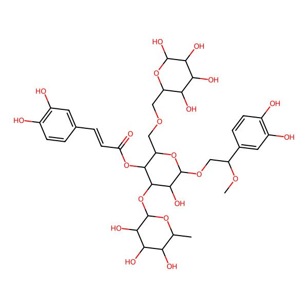 2D Structure of [(2R,3R,4R,5R,6R)-6-[(2S)-2-(3,4-dihydroxyphenyl)-2-methoxyethoxy]-5-hydroxy-2-[[(2R,3S,4S,5R,6S)-3,4,5,6-tetrahydroxyoxan-2-yl]methoxymethyl]-4-[(2S,3R,4R,5R,6S)-3,4,5-trihydroxy-6-methyloxan-2-yl]oxyoxan-3-yl] (E)-3-(3,4-dihydroxyphenyl)prop-2-enoate