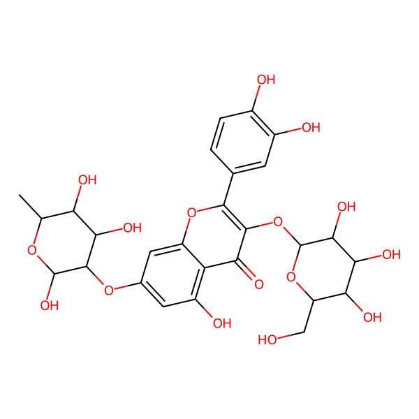 2D Structure of 2-(3,4-dihydroxyphenyl)-5-hydroxy-3-[(2R,3S,4R,5R,6S)-3,4,5-trihydroxy-6-(hydroxymethyl)oxan-2-yl]oxy-7-[(2R,3R,4S,5S,6R)-2,4,5-trihydroxy-6-methyloxan-3-yl]oxychromen-4-one