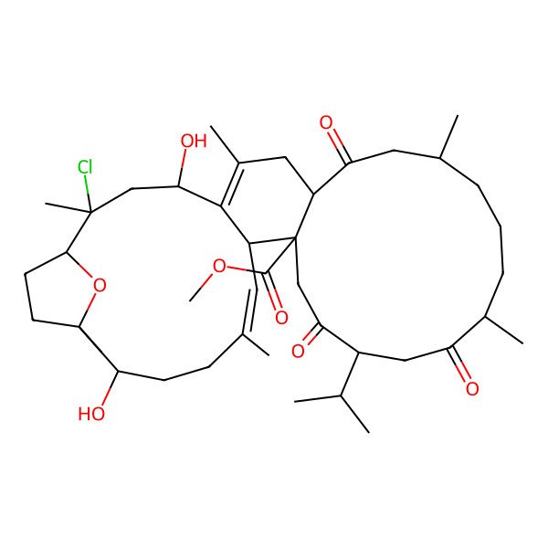 2D Structure of methyl (1S,2R,4S,8S,11S,15R,18S,21S,22S,23E,27S,28R)-2-chloro-4,27-dihydroxy-2,6,11,15,24,28-hexamethyl-9,16,19-trioxo-18-propan-2-yl-31-oxatetracyclo[26.2.1.05,22.08,21]hentriaconta-5,23-diene-21-carboxylate