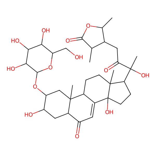 2D Structure of 4-[3-[3,14-dihydroxy-10,13-dimethyl-6-oxo-2-[3,4,5-trihydroxy-6-(hydroxymethyl)oxan-2-yl]oxy-2,3,4,5,9,11,12,15,16,17-decahydro-1H-cyclopenta[a]phenanthren-17-yl]-3-hydroxy-2-oxobutyl]-3,5-dimethyloxolan-2-one
