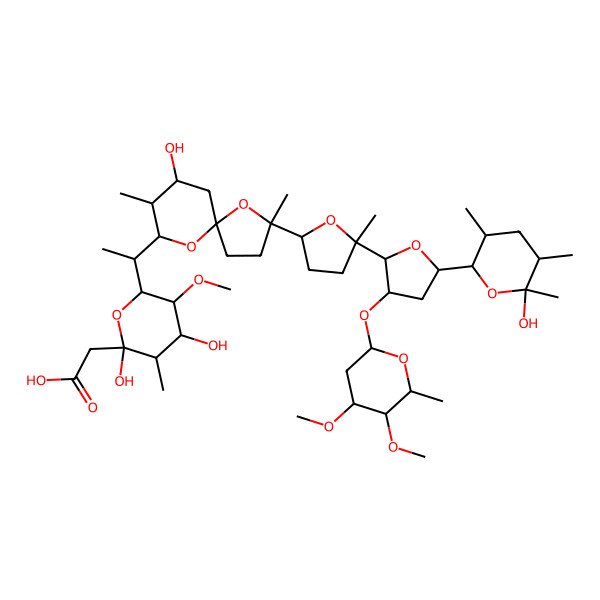 2D Structure of 2-[(2S,3R,4S,5S,6S)-6-[(1R)-1-[(2R,5S,7S,8R,9R)-2-[(2R,5R)-5-[(2R,3R,5R)-3-[(2S,4S,5S,6S)-4,5-dimethoxy-6-methyloxan-2-yl]oxy-5-[(2R,3R,5S,6R)-6-hydroxy-3,5,6-trimethyloxan-2-yl]oxolan-2-yl]-5-methyloxolan-2-yl]-7-hydroxy-2,8-dimethyl-1,10-dioxaspiro[4.5]decan-9-yl]ethyl]-2,4-dihydroxy-5-methoxy-3-methyloxan-2-yl]acetic acid