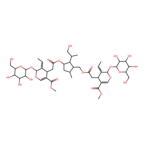 2D Structure of methyl 5-ethylidene-4-[2-[[3-[2-[3-ethylidene-5-methoxycarbonyl-2-[3,4,5-trihydroxy-6-(hydroxymethyl)oxan-2-yl]oxy-4H-pyran-4-yl]acetyl]oxy-2-(1-hydroxypropan-2-yl)-5-methylcyclopentyl]methoxy]-2-oxoethyl]-6-[3,4,5-trihydroxy-6-(hydroxymethyl)oxan-2-yl]oxy-4H-pyran-3-carboxylate