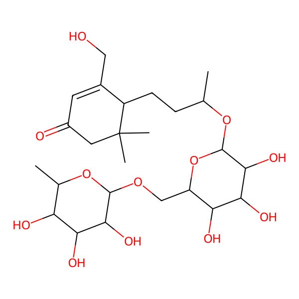 2D Structure of 3-(Hydroxymethyl)-5,5-dimethyl-4-[3-[3,4,5-trihydroxy-6-[(3,4,5-trihydroxy-6-methyloxan-2-yl)oxymethyl]oxan-2-yl]oxybutyl]cyclohex-2-en-1-one