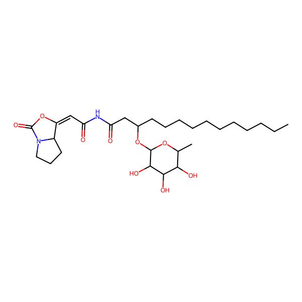 2D Structure of N-[2-(3-oxo-5,6,7,7a-tetrahydropyrrolo[1,2-c][1,3]oxazol-1-ylidene)acetyl]-3-(3,4,5-trihydroxy-6-methyloxan-2-yl)oxytetradecanamide