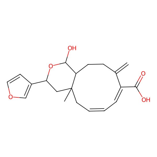 2D Structure of (1S,3S,4aS,6Z,8E,12aR)-3-(furan-3-yl)-1-hydroxy-4a-methyl-10-methylidene-3,4,5,11,12,12a-hexahydro-1H-cyclodeca[c]pyran-9-carboxylic acid