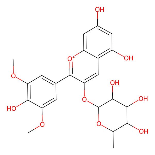 2D Structure of (2S,3S,4R,5R,6S)-2-[5,7-dihydroxy-2-(4-hydroxy-3,5-dimethoxyphenyl)chromenylium-3-yl]oxy-6-methyloxane-3,4,5-triol