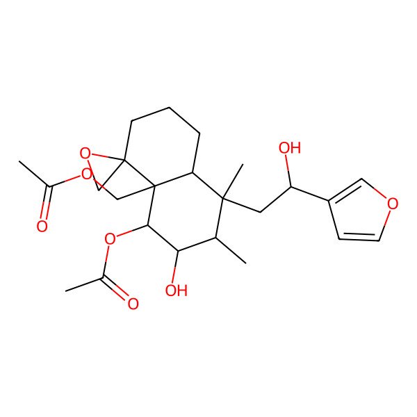 2D Structure of [5-acetyloxy-8-[2-(furan-3-yl)-2-hydroxyethyl]-6-hydroxy-7,8-dimethylspiro[2,3,5,6,7,8a-hexahydro-1H-naphthalene-4,2'-oxirane]-4a-yl]methyl acetate