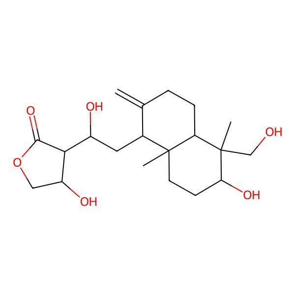 2D Structure of (3S,4S)-3-[(1R)-2-[(1R,4aS,5R,6R,8aS)-6-hydroxy-5-(hydroxymethyl)-5,8a-dimethyl-2-methylidene-3,4,4a,6,7,8-hexahydro-1H-naphthalen-1-yl]-1-hydroxyethyl]-4-hydroxyoxolan-2-one
