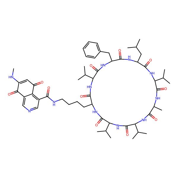 2D Structure of N-[4-[8-benzyl-17-methyl-11-(2-methylpropyl)-3,6,9,12,15,18,21,24-octaoxo-5,14,20,23-tetra(propan-2-yl)-1,4,7,10,13,16,19,22-octazacyclotetracos-2-yl]butyl]-7-(methylamino)-5,8-dioxoisoquinoline-4-carboxamide