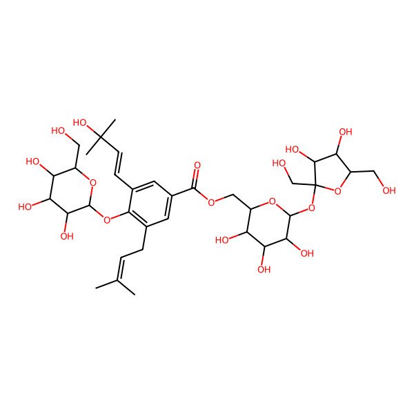 2D Structure of [(2R,3S,4S,5R,6R)-6-[(2S,3S,4S,5R)-3,4-dihydroxy-2,5-bis(hydroxymethyl)oxolan-2-yl]oxy-3,4,5-trihydroxyoxan-2-yl]methyl 3-[(E)-3-hydroxy-3-methylbut-1-enyl]-5-(3-methylbut-2-enyl)-4-[(2S,3R,4S,5S,6R)-3,4,5-trihydroxy-6-(hydroxymethyl)oxan-2-yl]oxybenzoate