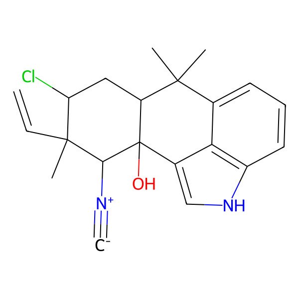 2D Structure of (2S,3R,4S,5S,7S)-5-chloro-4-ethenyl-3-isocyano-4,8,8-trimethyl-14-azatetracyclo[7.6.1.02,7.013,16]hexadeca-1(15),9(16),10,12-tetraen-2-ol